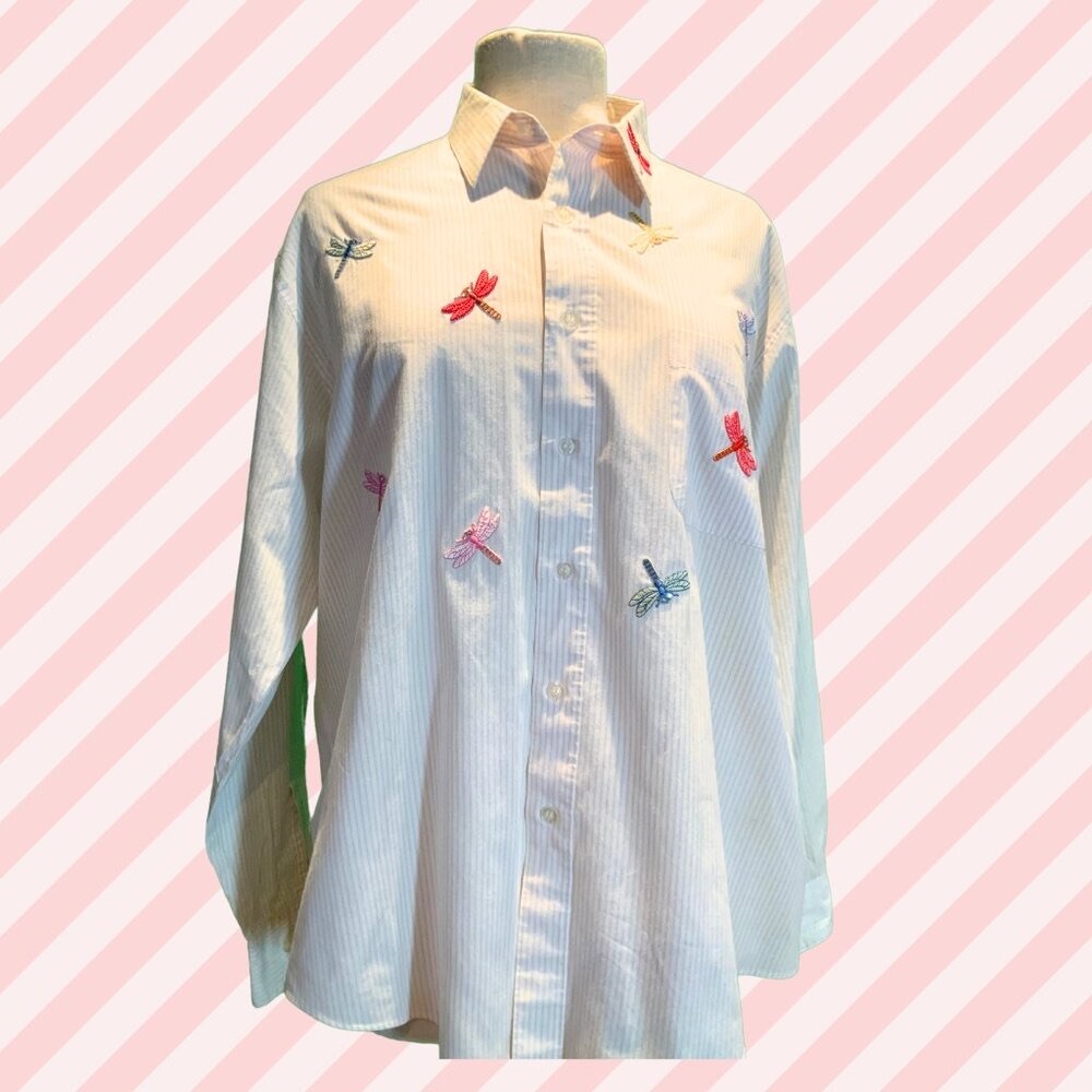 MILI Design _ Vintage Embroidered Dragonfly White w/ light pink stripes_Size: L - Picture 2 of 5
